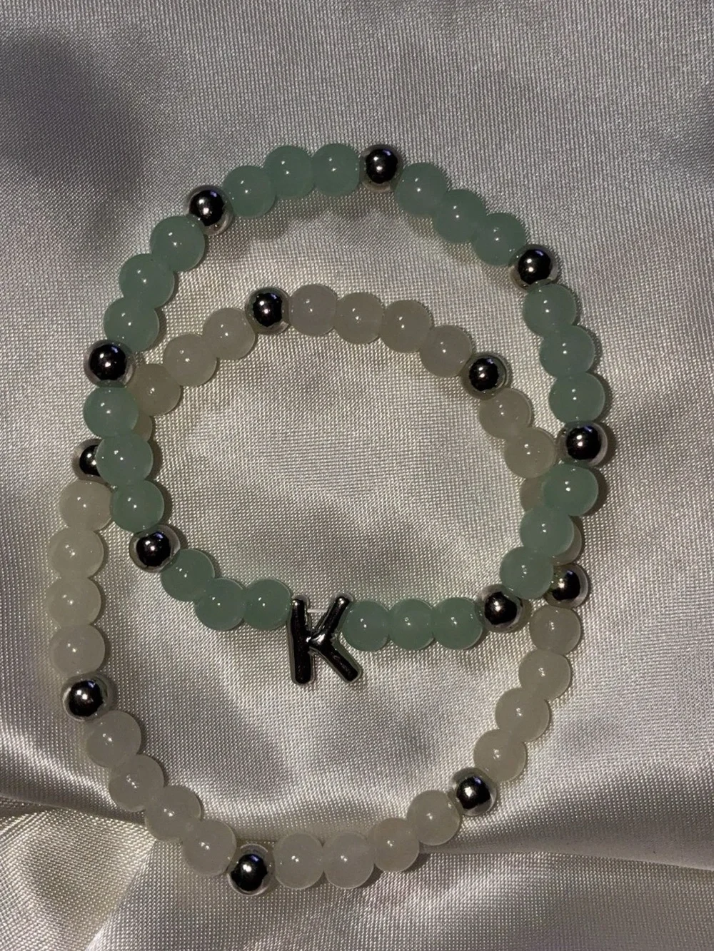 Initial K Green and White Beaded Stretch Bracelet Set